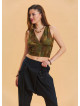 V Neck Gipe Detailed Back Tie Khaki Summer Blouse 4510